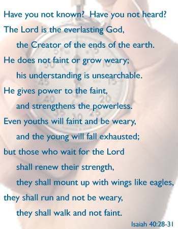 
Have you not known?  Have you not heard?
The Lord is the everlasting God, 
	the Creator of the ends of the earth.
He does not faint or grow weary;
	his understanding is unsearchable.
He gives power to the faint,
	and strengthens the powerless.
Even youths will faint and be weary,
	and the young will fall exhausted;
but those who wait for the Lord shall renew their strength,
	they shall mount up with wings like eagles,
they shall run and not be weary,
	they shall walk and not faint.  
                                                                        Isaiah 40:28-31